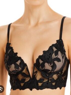 Fleur du Mal Embroidered Longline Lily Demi Bra, Black